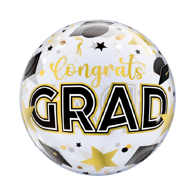 Silver round foil balloon with black, gold, and white stars, graduation caps, and "Congrats GRAD" in bold black and gold.