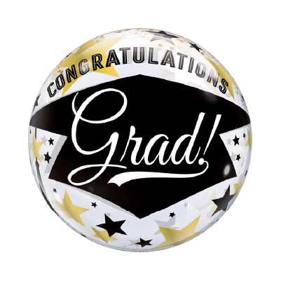 22-inch round silver foil balloon with black center, white and gold stars, and "Congratulations Grad!" text.