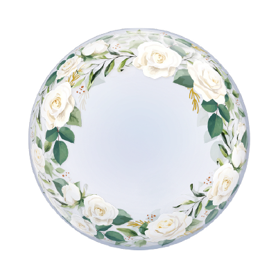 24-inch transparent balloon with white rose and green leaf floral wreath design around the edges.
