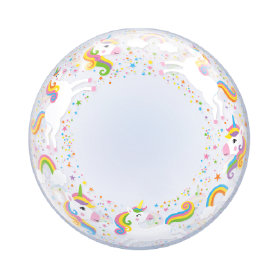 24-inch round transparent balloon with colorful unicorns, rainbows, and confetti patterns.