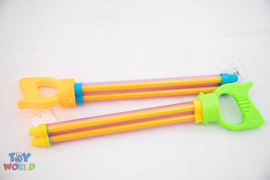 Two colorful plastic water pumps with orange and yellow striped tubes, one with a green handle and one with an orange forked