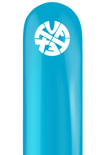 Bright turquoise, elongated 260 latex balloon with white Tuftex logo printed near the top.