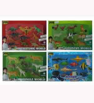 Four sets of colorful plastic animal figures in red, green, yellow, and blue packaging labeled Prehistoric, Farm Country,.