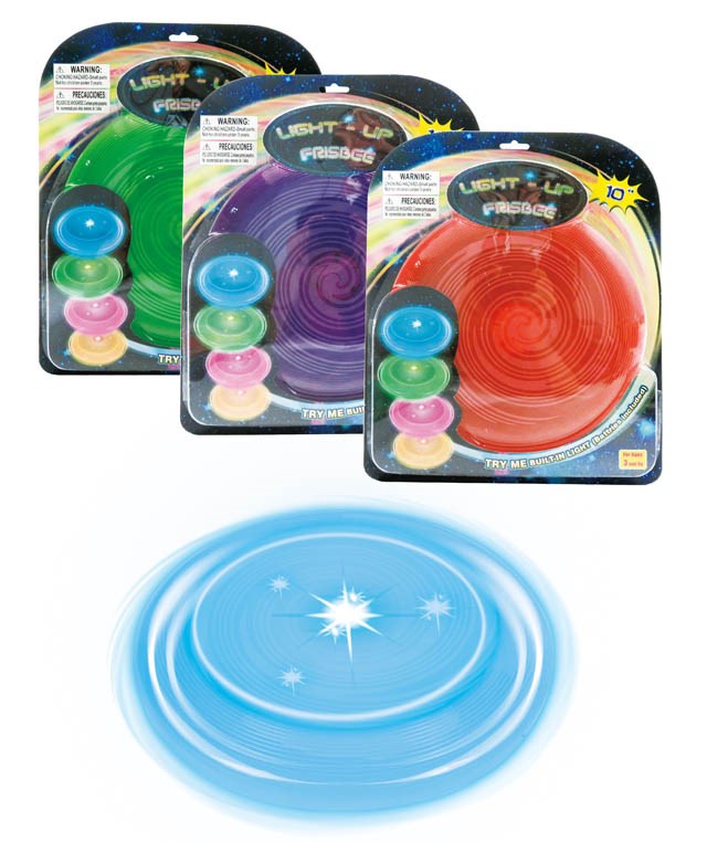 Set of three large translucent flying discs in blue, purple, and red with matching small discs in pastel blue, pink, and.