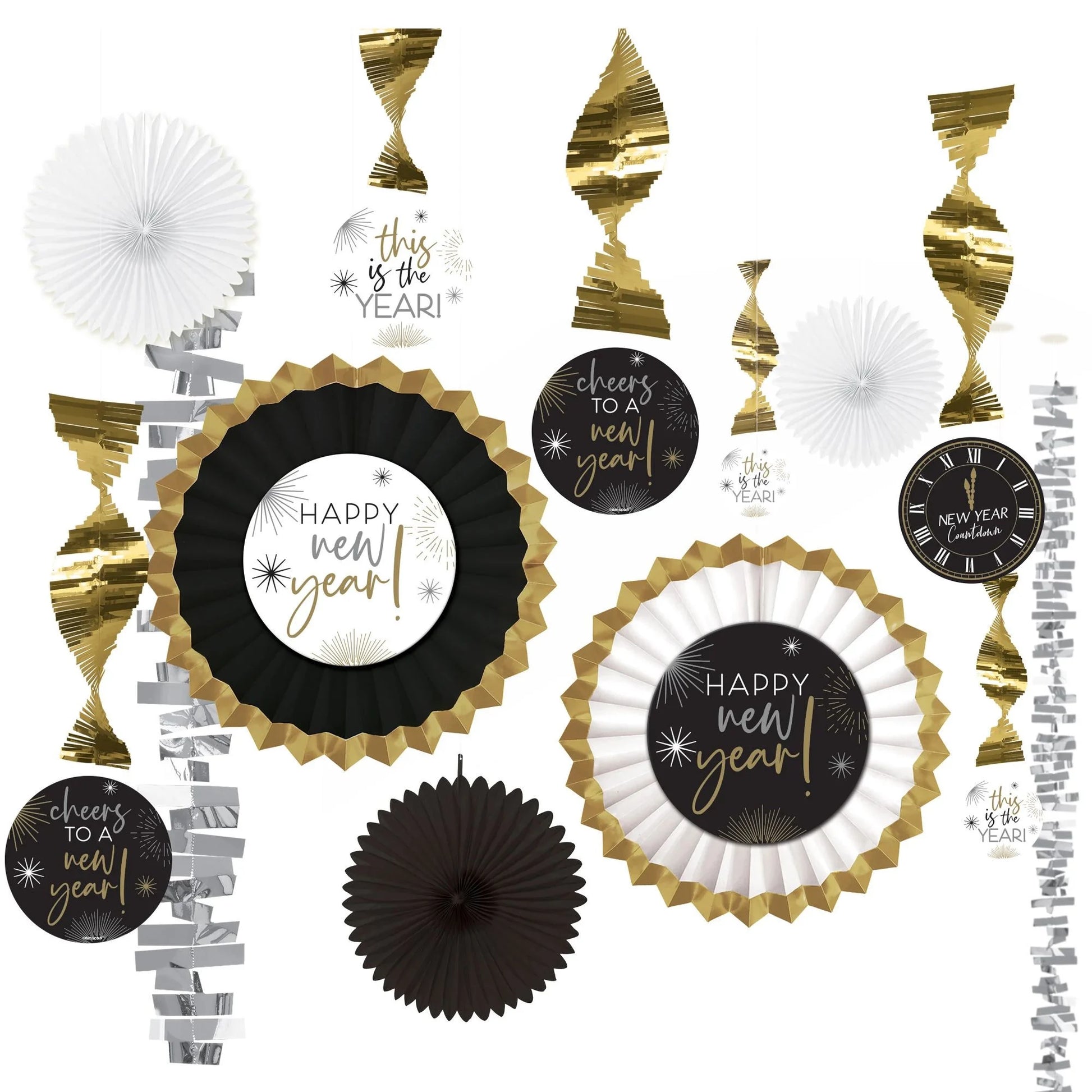 Black, gold, and silver New Year's Eve party decorations with foil spirals, paper fans, and circular signs featuring.