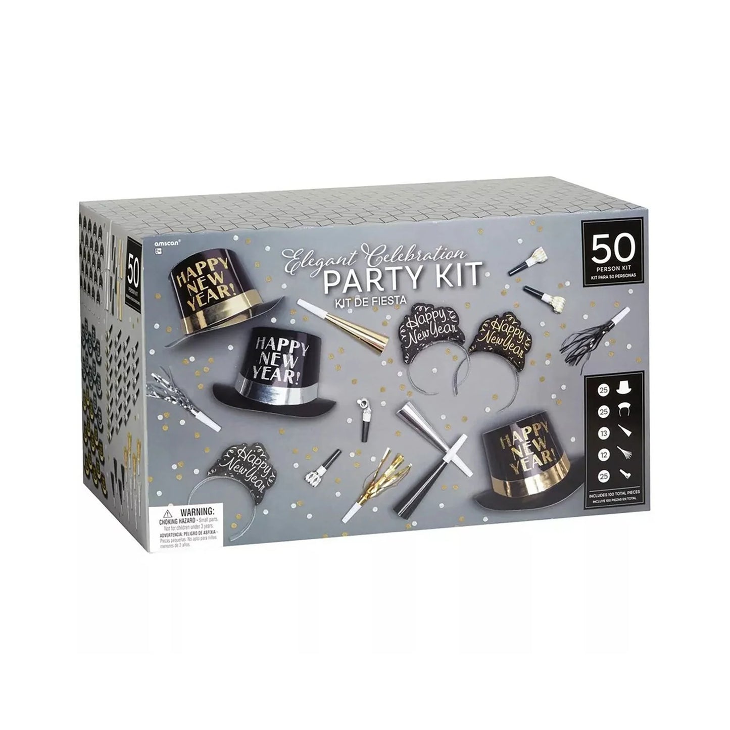 Black, silver, and gold New Year's Eve party kit for 50 people with hats, tiaras, blowers, and confetti accents.