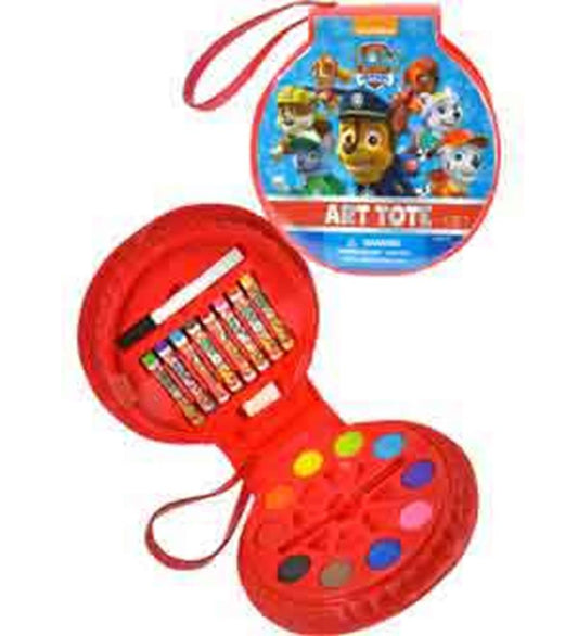 Red circular Paw Patrol art tote with crayons and colorful paint palette inside.