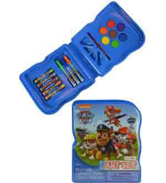 Blue plastic Paw Patrol art set case with colorful crayons, markers, and a paint palette featuring Paw Patrol characters on.