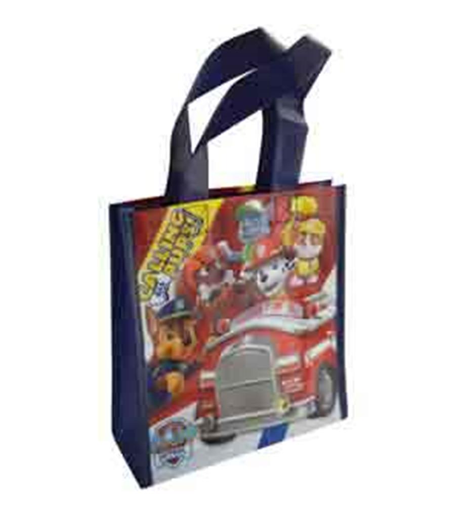 Navy blue non-woven mini tote bag with Paw Patrol characters and red fire truck design, short handles.