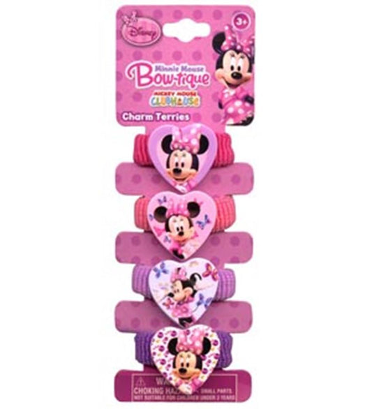 Set of four Minnie Mouse heart-shaped terry cloth hair ties in shades of pink and purple with Minnie prints and polka dot.