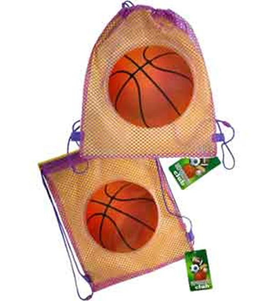 Orange basketball-themed sling bag with mesh front and purple drawstring straps.