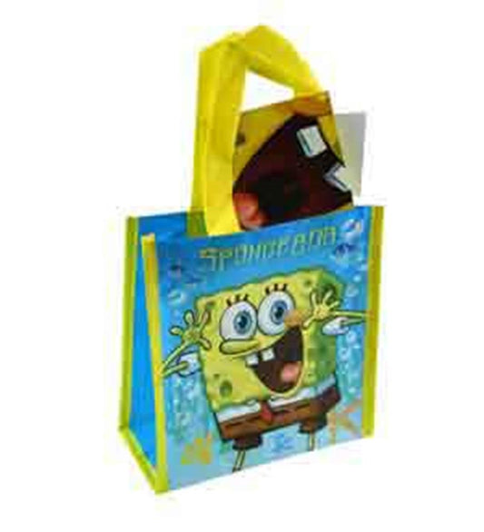 Bright yellow non-woven tote bag featuring a smiling SpongeBob SquarePants with blue background and yellow handles.