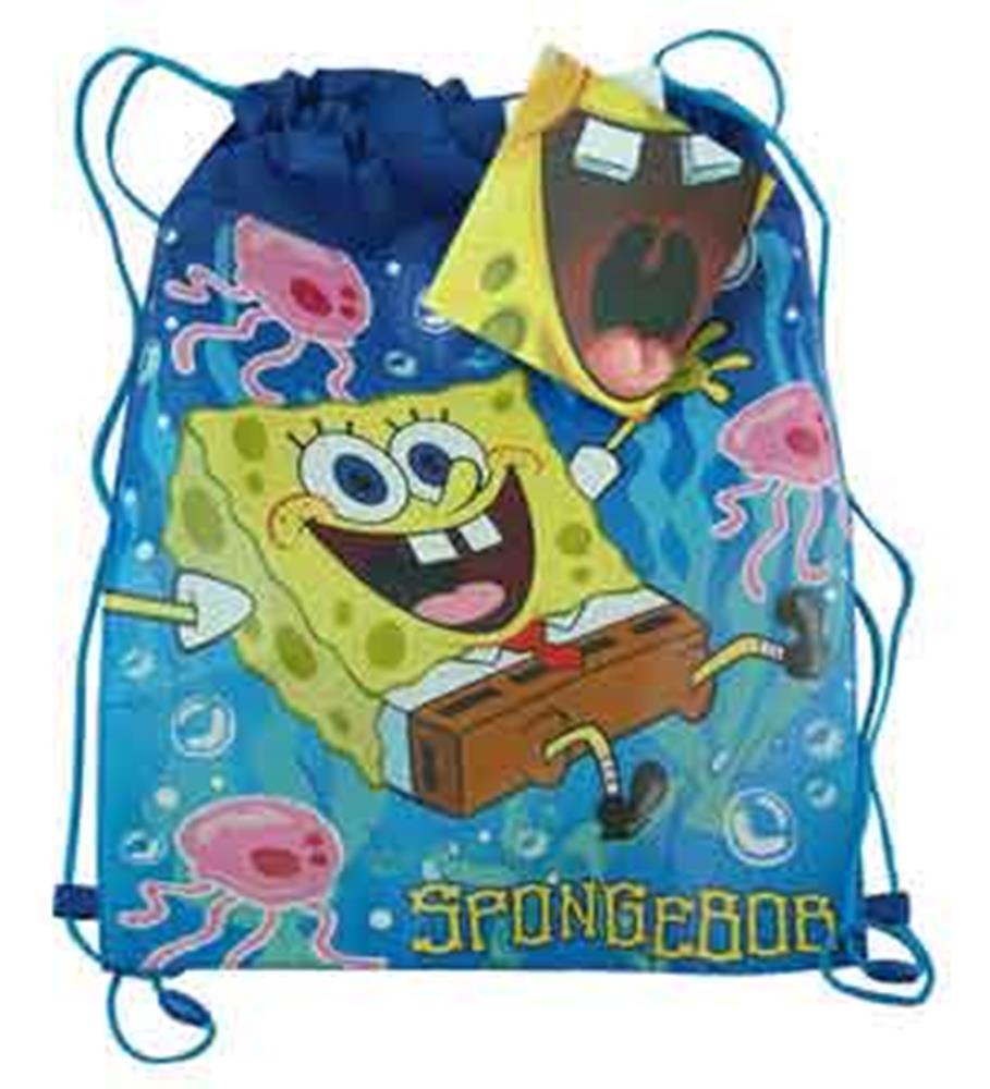 Blue non-woven sling bag with SpongeBob SquarePants graphic, jellyfish, and drawstring closure.