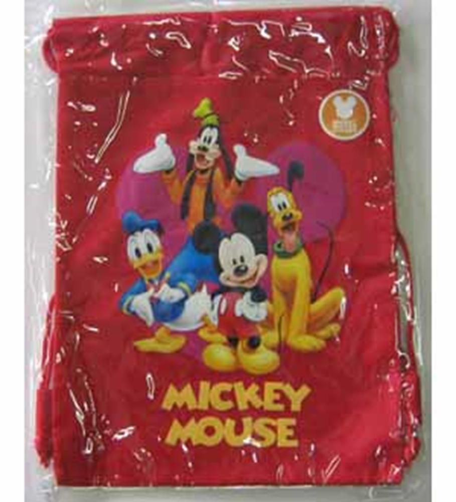 Red string backpack featuring colorful Mickey Mouse, Donald Duck, Goofy, and Pluto graphics with yellow "Mickey Mouse" text.