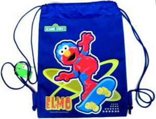 Blue string backpack featuring a vibrant Elmo graphic skateboarding with green and yellow accents.