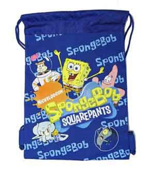 Blue string backpack featuring SpongeBob SquarePants and friends with yellow and white graphics.