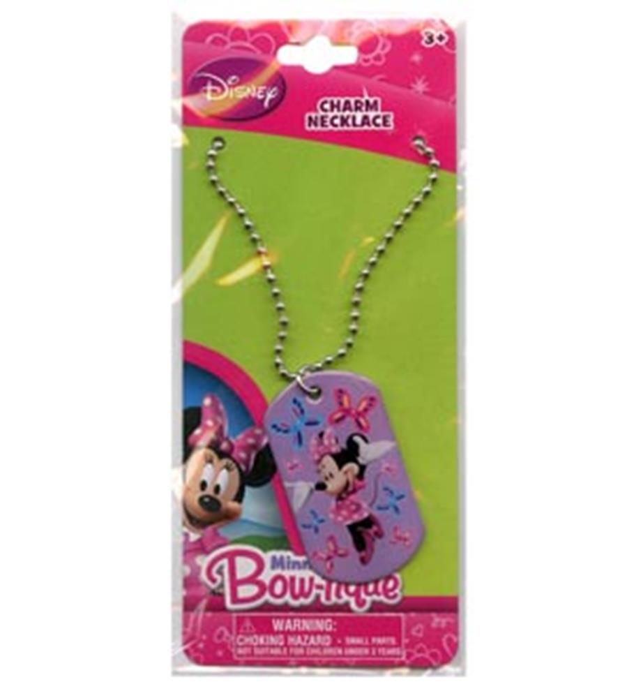 Pink metal dog tag necklace with Minnie Mouse wearing a pink bow, attached to silver ball chain.