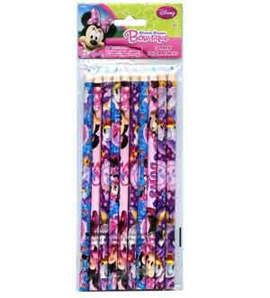 Set of 10 sharpened colored pencils featuring Minnie Mouse and pink, purple, and blue patterned designs.