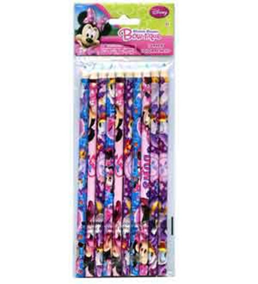 Set of 10 sharpened colored pencils featuring Minnie Mouse and pink, purple, and blue patterned designs.