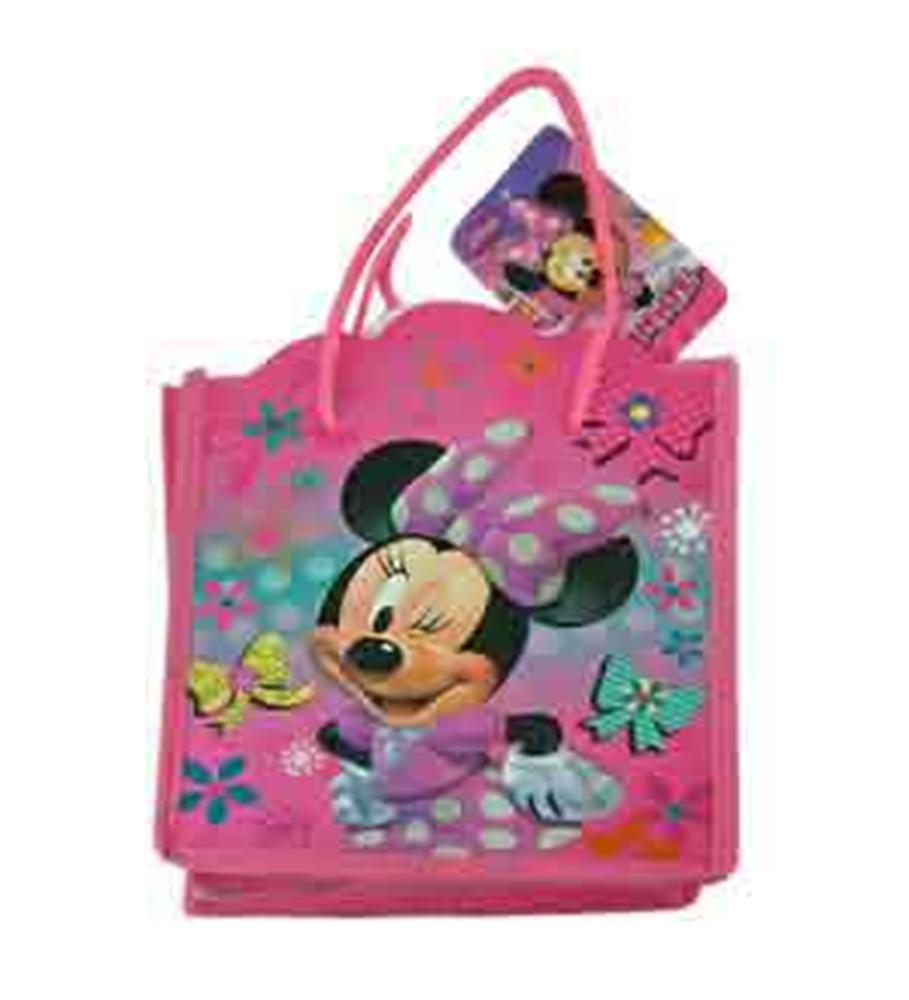 Pink mini tote bag featuring Minnie Mouse with a large polka-dot bow and floral accents.