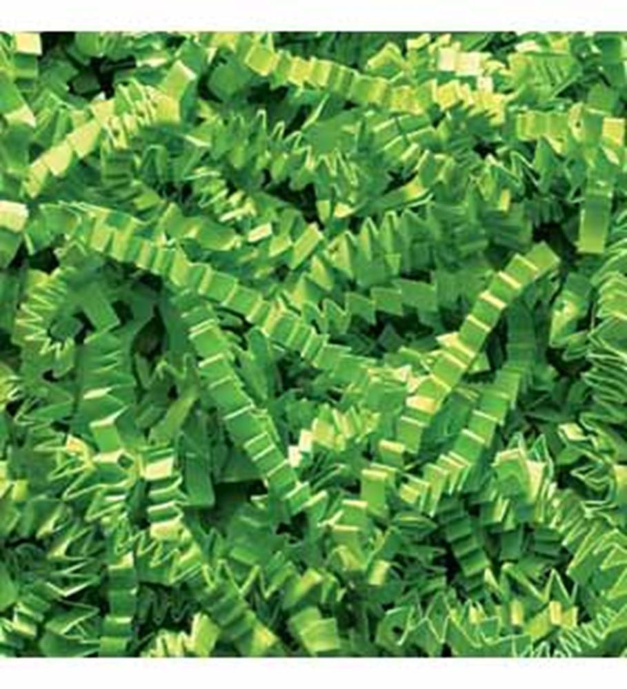 Bright lime green crinkled paper shred with zigzag texture, lightweight and decorative.