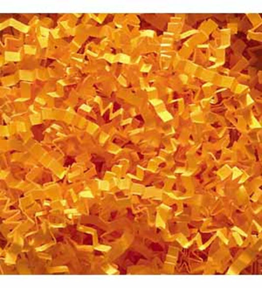 Bright orange crinkle paper shred with thin, curly strips and a shiny texture.