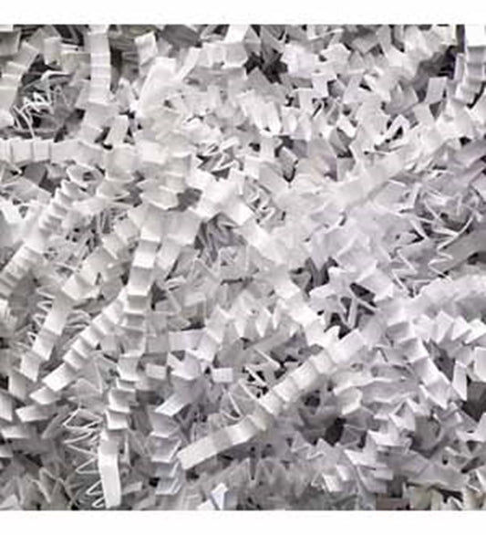 White crinkled paper shred with a lightweight, shredded texture, ideal for packaging or decoration.