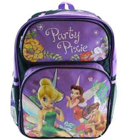 Purple Tinkerbell-themed backpack with "Party Pixie" text and colorful fairy illustrations.