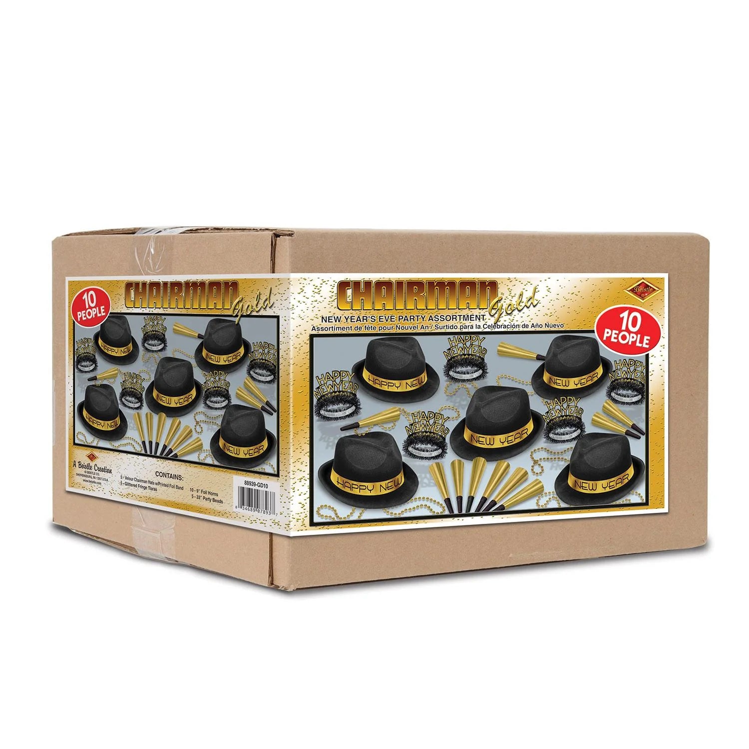 Gold and black New Years party kit with 10 black top hats, gold noise makers, and matching gold and black accessories in a.