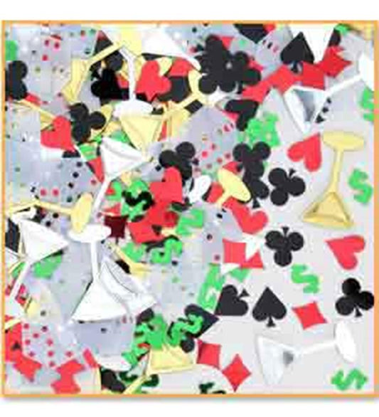 Multicolored casino-themed confetti with card suits, dice, dollar signs, and cocktail glasses.