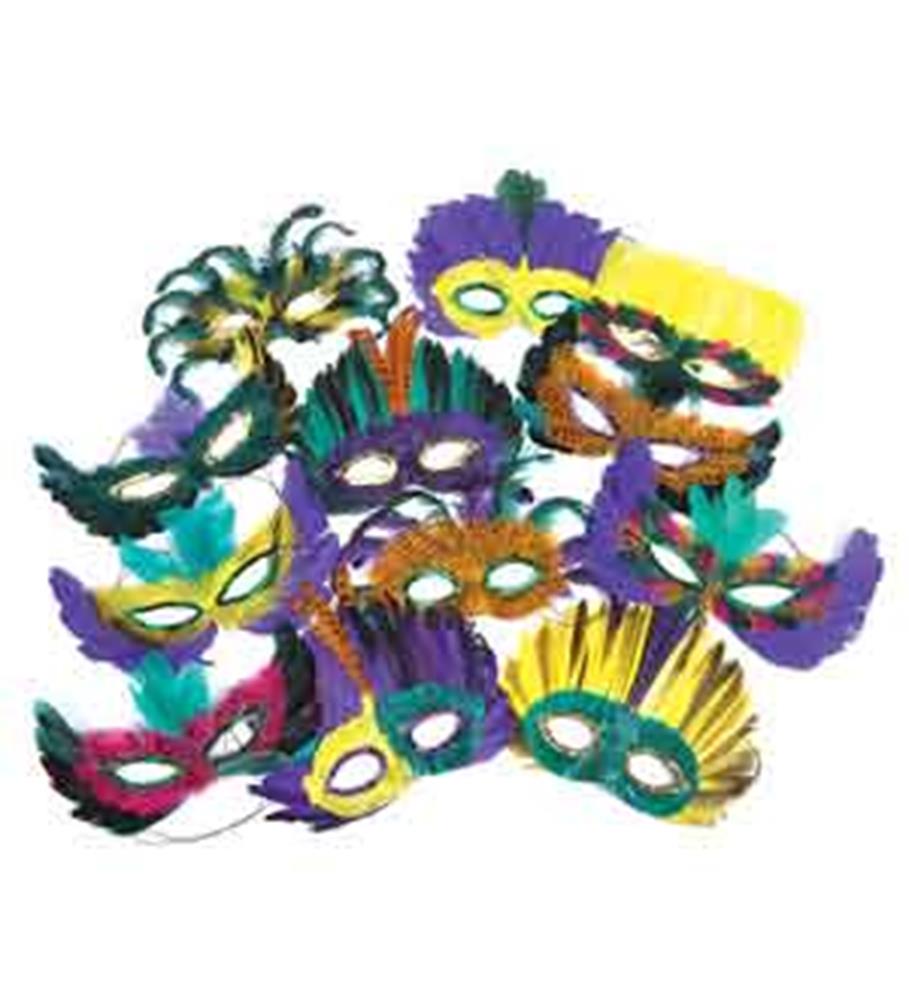 Colorful Mardi Gras masks adorned with feathers in purple, green, gold, and black designs.