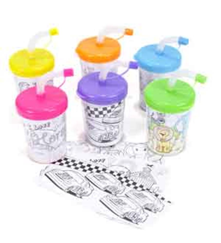 Set of six clear plastic sipper cups with colored lids and straws, decorated with black-and-white cartoon designs for.