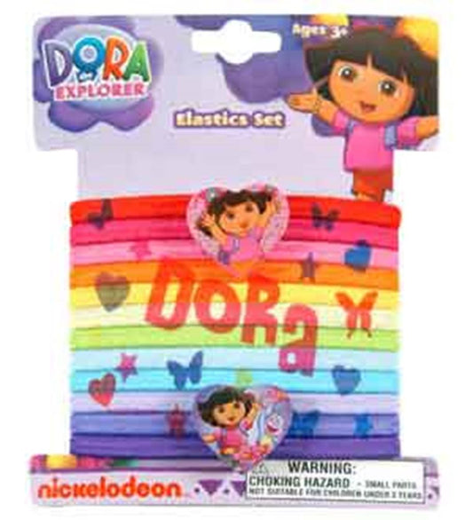 Set of colorful elastic hair ties featuring Dora the Explorer charm and butterfly and heart patterns.