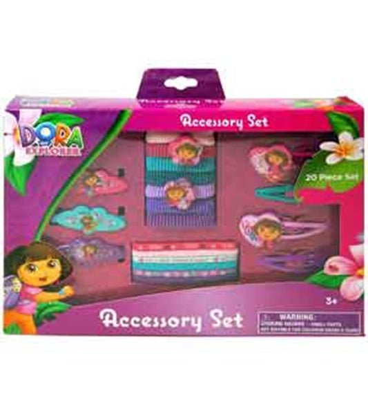 Set of 20 colorful Dora-themed hair ties, clips, and bands featuring characters and patterns in pink, purple, and blue.