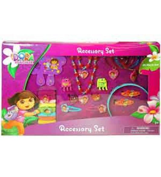Dora-themed accessory set with colorful plastic bracelets, rings, hair clips, and necklaces in pink and purple tones.