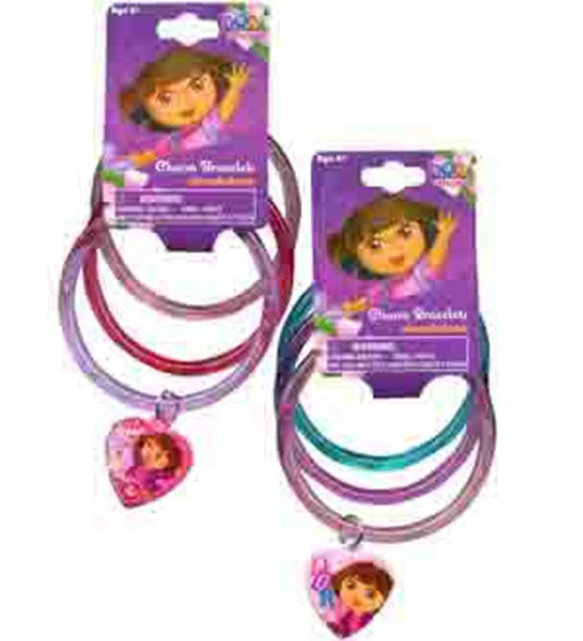 Set of three glittery bangles in pink, purple, and teal with Dora the Explorer heart charms.