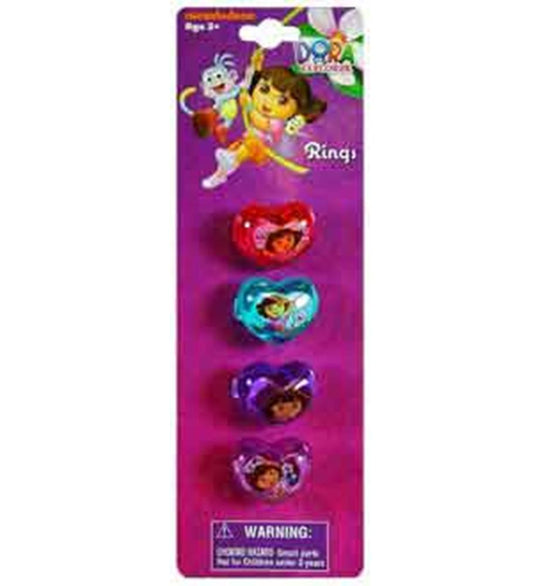 Set of four colorful plastic rings featuring Dora the Explorer characters in red, blue, purple, and pink designs on a purple