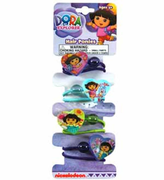 Four colorful Dora the Explorer themed fabric-covered hair ponytail holders with character images, packaged on a branded.