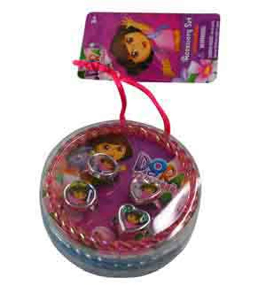 Colorful plastic bangles and rings set featuring Dora the Explorer designs, eight pieces in total.