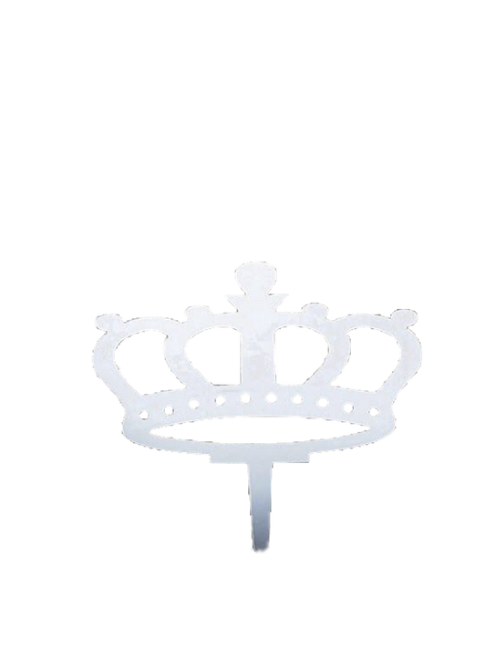 Silver mirror acrylic cake topper shaped like a decorative crown with five rounded points and a single prong for insertion.