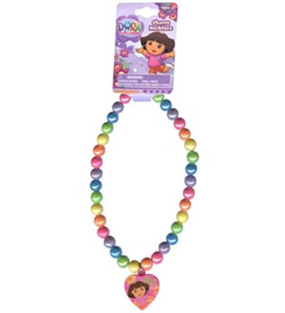 Colorful round bead necklace with a heart-shaped charm featuring Dora the Explorer on a pink background.
