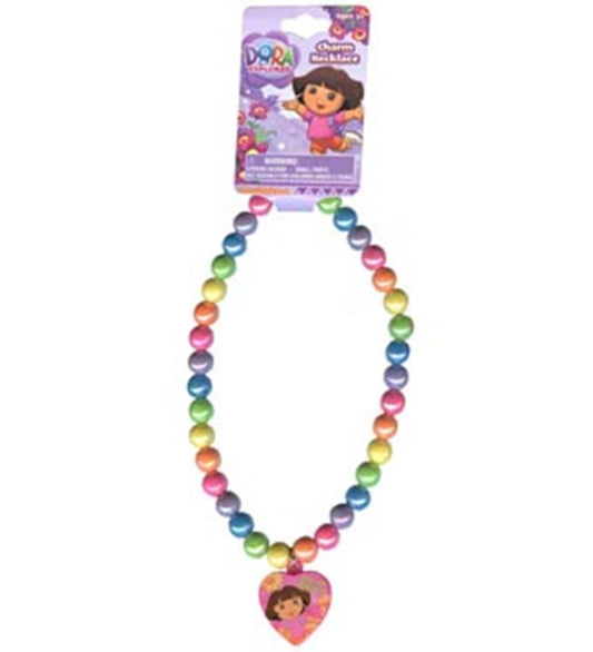 Colorful round bead necklace with a heart-shaped charm featuring Dora the Explorer on a pink background.