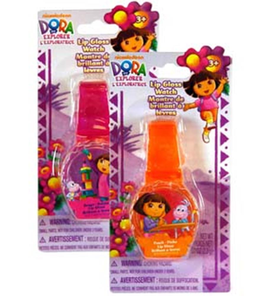 Two colorful Dora the Explorer lip gloss watches, one pink and one orange, with character images and flower-shaped.