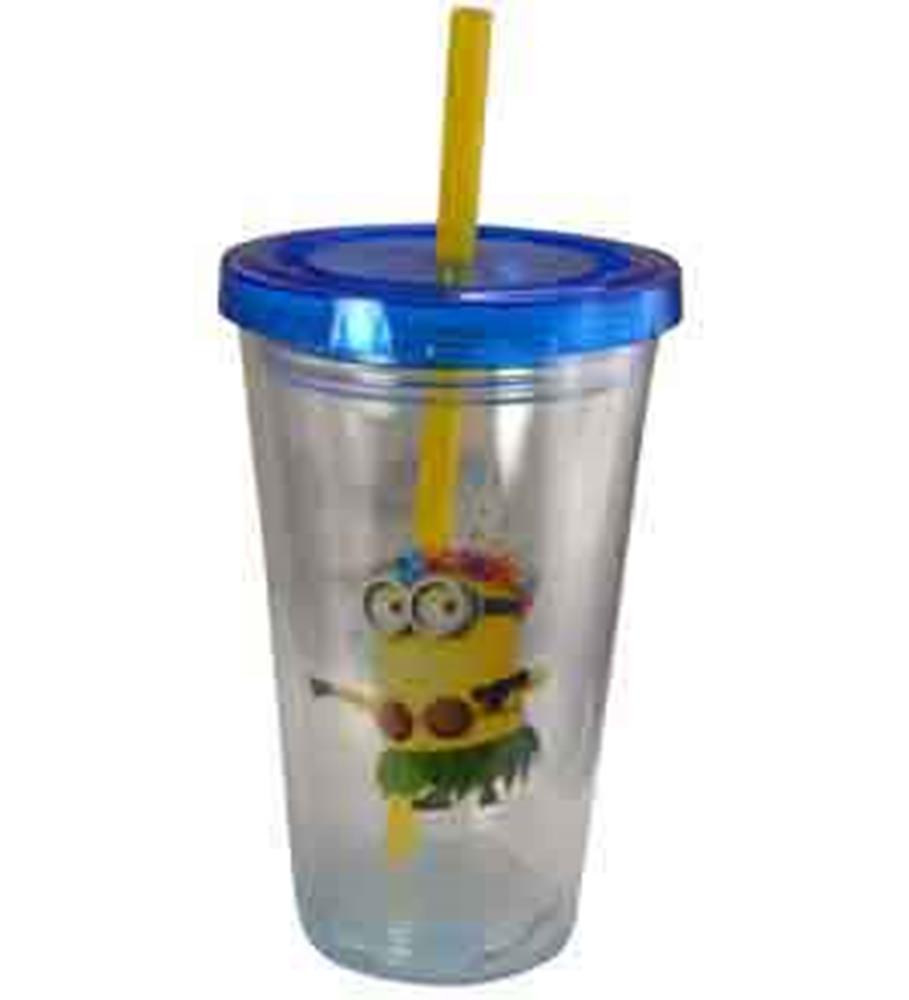 Clear plastic 12oz tumbler with blue lid, yellow straw, and Minion wearing grass skirt graphic.