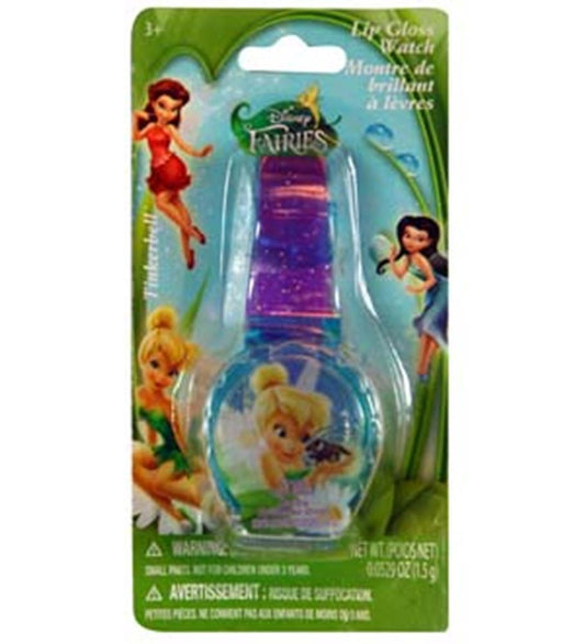Purple glittery children's watch with Tinkerbell graphic face and attached lip gloss in clear round case.