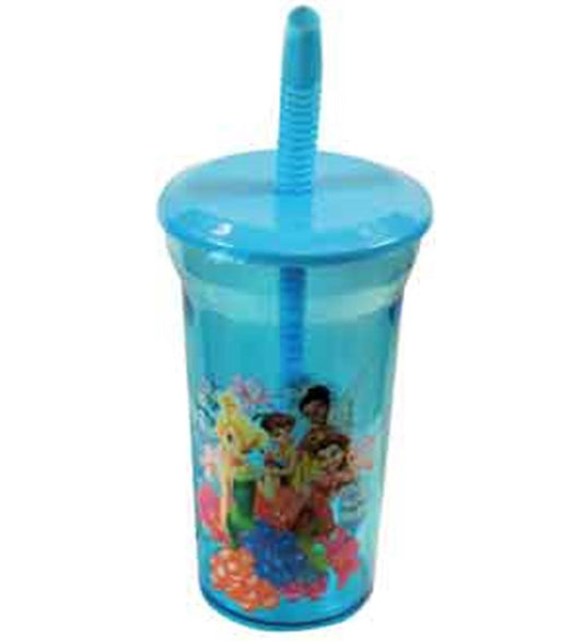 Blue plastic 14oz sports tumbler with matching lid and straw, featuring colorful Tinkerbell and friends design.