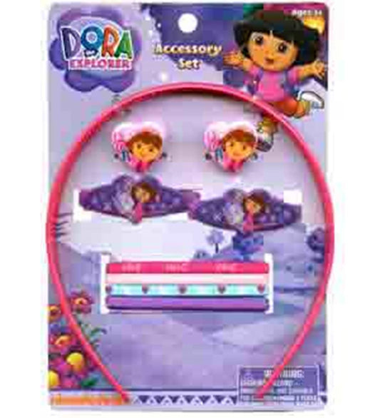 Pink plastic headband with two Dora the Explorer figure clips, two purple bows, and a pink and white hair clip set on a.