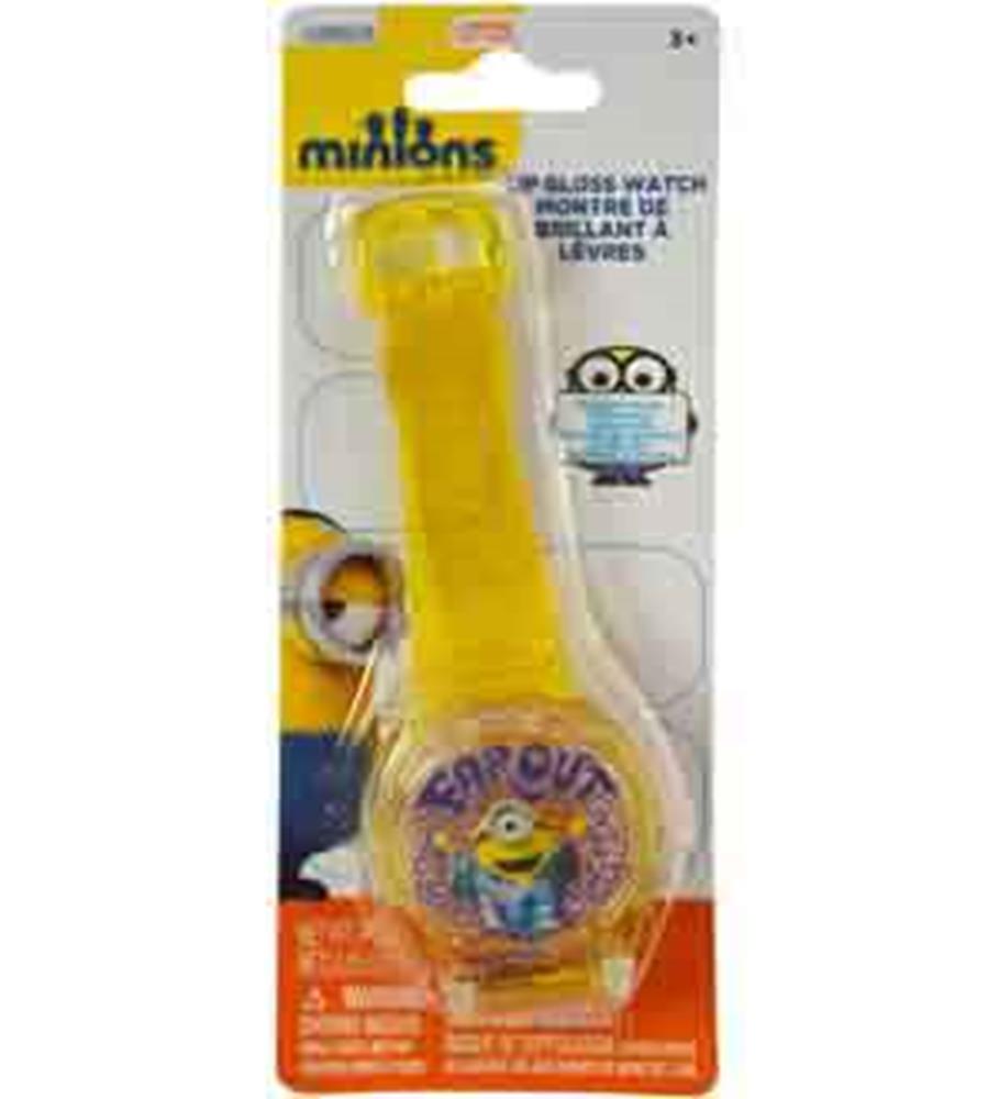 Yellow Minions-themed lip gloss watch with round face and adjustable strap in sealed packaging.