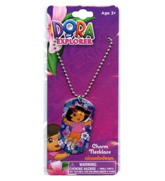 Dora the Explorer metal dogtag pendant on silver ball chain necklace with purple background packaging.