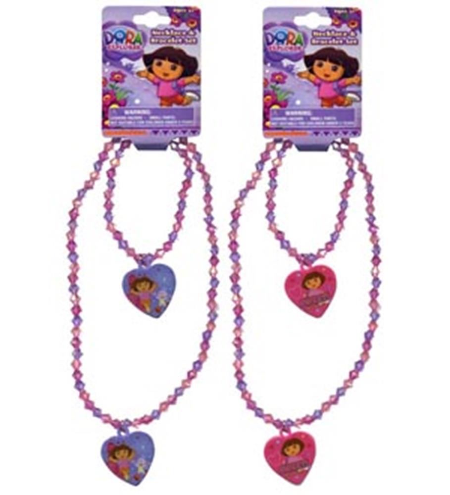 Dora-themed girls’ necklace and bracelet sets with heart-shaped pendants and pink and purple beaded chains.